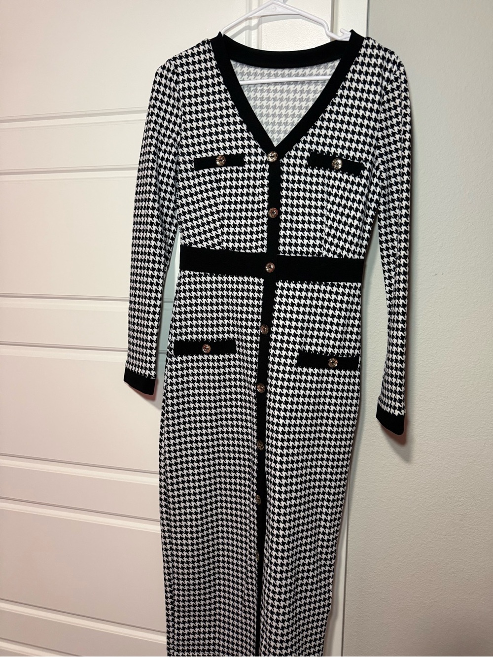 SHEIN Black & White Houndstooth Button-Front Long Cardigan Dress